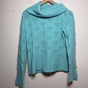 Grayson & Dunn Women 100% Cashmere Sweater Large Aqua Blue Cowl‎ Neck Pointelle